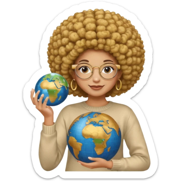 a young woman wearing gold round glasses and afro hair, she has medium/mate skin, she's wearing a sweater and she's holding a globe in her hand sticker