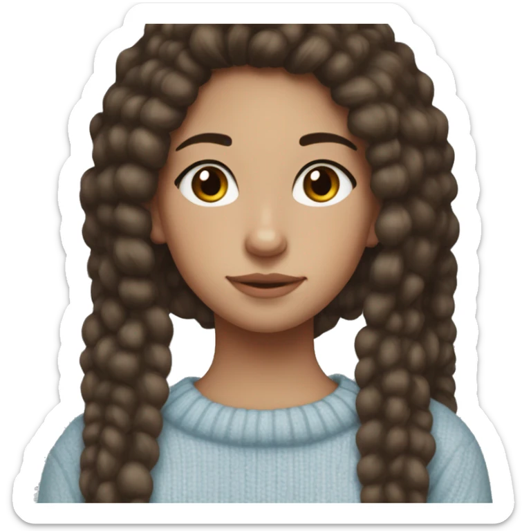 teenage girl, hispanic, freckles, afro brown hair, pony tail, brown eyes, light blue sweater, winter sweater, freckles sticker