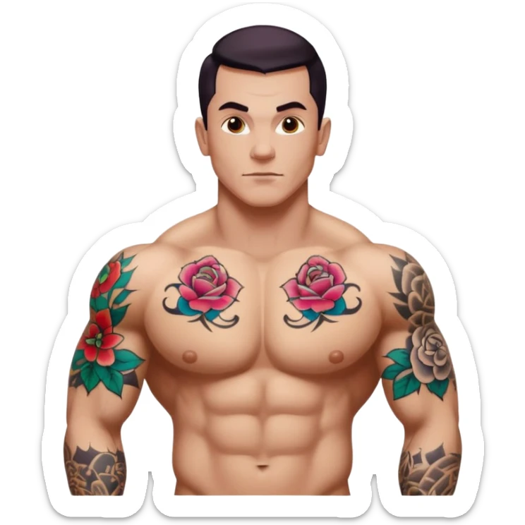 tattoo man, white skintone, more highlight the tattoo, body builder, tatto on fully chest, more tattoos on the body. sticker
