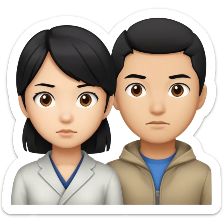 Emoji of a determined, North Korean defector, must be asian girl with her little brother, both must have black hair sticker