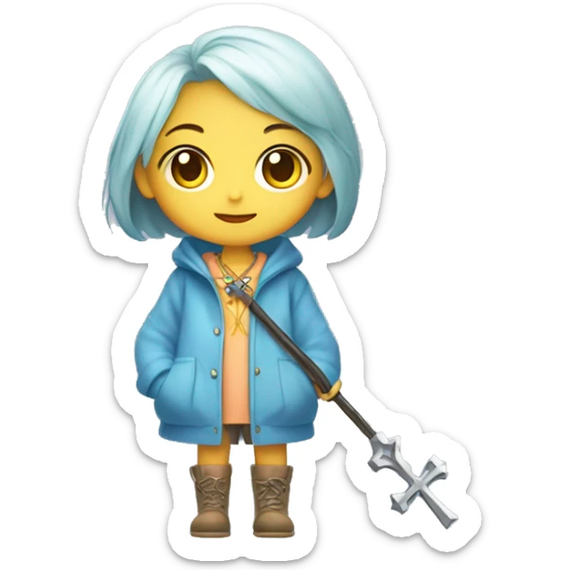 Cute little girl with light short blue hair with peach skin, with yellow raincoat hidden with boots holding a staff, with a cross necklace, Sanrio design sticker