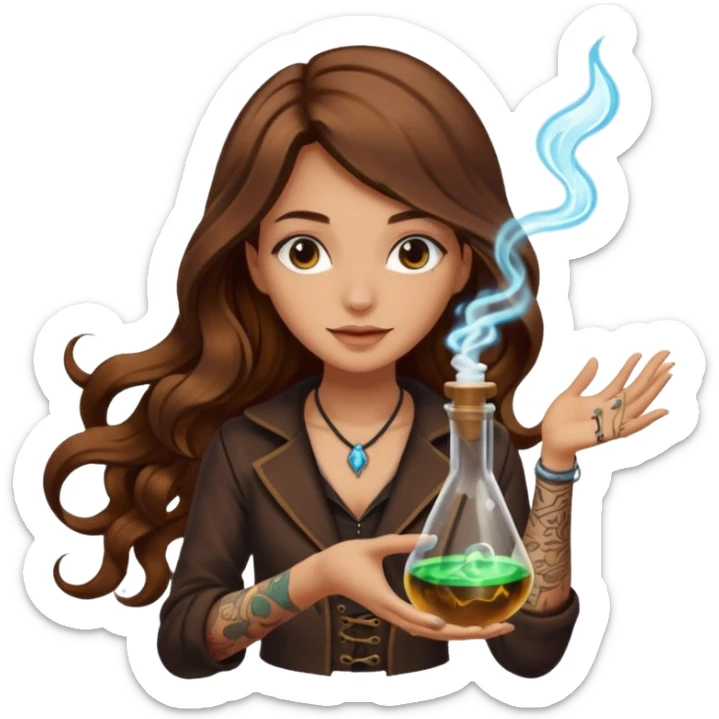 alchemist woman long wavy brown hair tattoos flipping glowing vial sticker