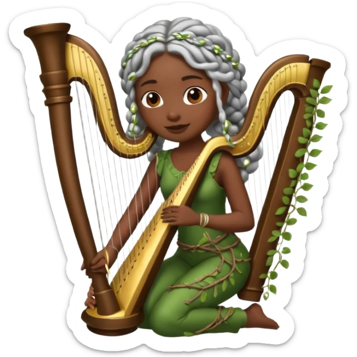 forest emoji character, dark skin woman with silver braids playing harp made of vines sticker