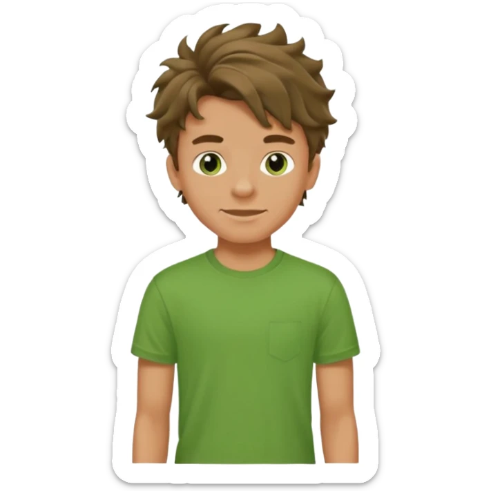 A teenage boy, tanned, wearing a green t-shirt , blue jeans and green sneakers with brown wavy tousled hair, smirking sticker