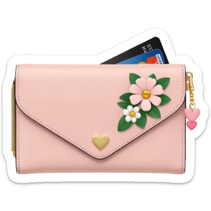 Pale Pink cute Wallet with heart charm, credit cards inside and flowers growing from it, clean aesthetic sticker