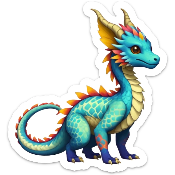 Beautiful pretty cool edgy elegant realistic Feral Rare Fantasy colorful vibrant Vernid-Trico-Haku-dragon-species-Fakemon-creature by LiLaiRa, random markings, tufted tail, tufted ears, full body sticker