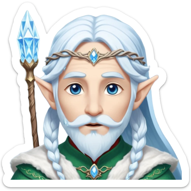 Legendary fantasy Christmas elf portrait icon, Santa Claus and Snow Maiden inspired, ancient winter spirit style, long flowing white-blue hair, glowing frost eyes, crystal staff, elegant elven features, divine winter magic aura, icy silver color palette, highly detailed but clean emoji icon male sticker