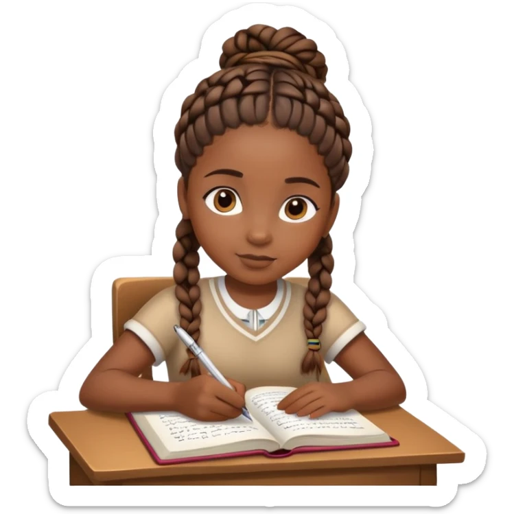 African girl student with brown skin and braided hair writing with book and pen sticker