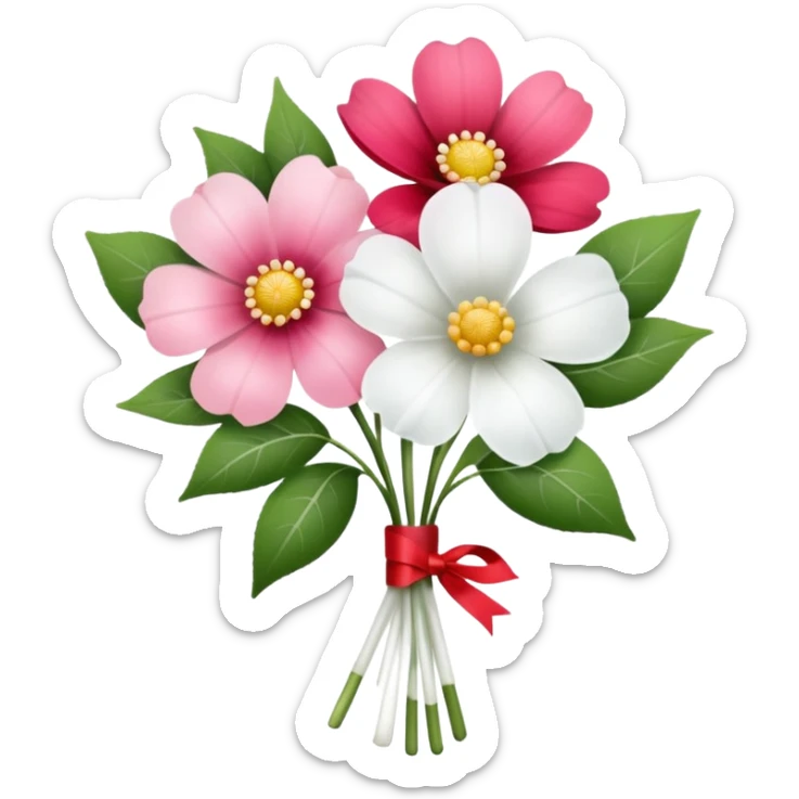 One pink flower and one white flower in transparent bouquet with red band  sticker