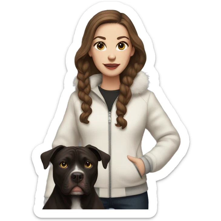white woman with long brown hair and cat shaped eyes wearing a furry jacket standing alongside a black pitbull  sticker