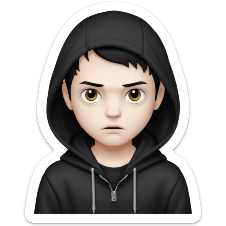 Vampire boy with the short black hair, pale scin, black eyes, little fangs and dark circles under his eyes. He has serious face and he wear a black hoodie sticker