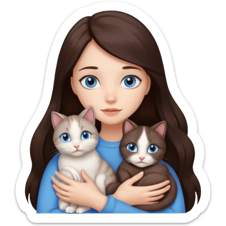 a pretty girl with long dark 
brown hair, with blue eyes, hugs 3 different natural coloured small cats sticker