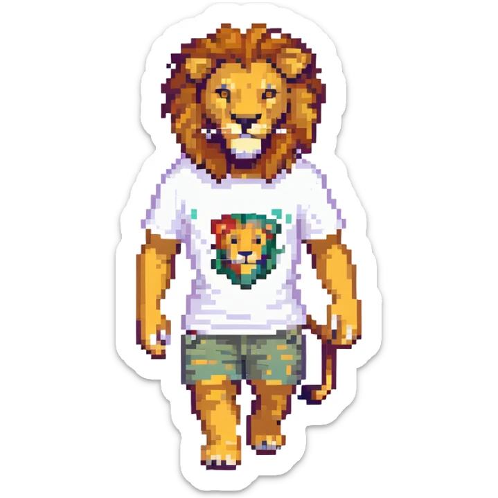 retro 1950s anthropomorphised lion in a t-shirt and shorts walking sticker