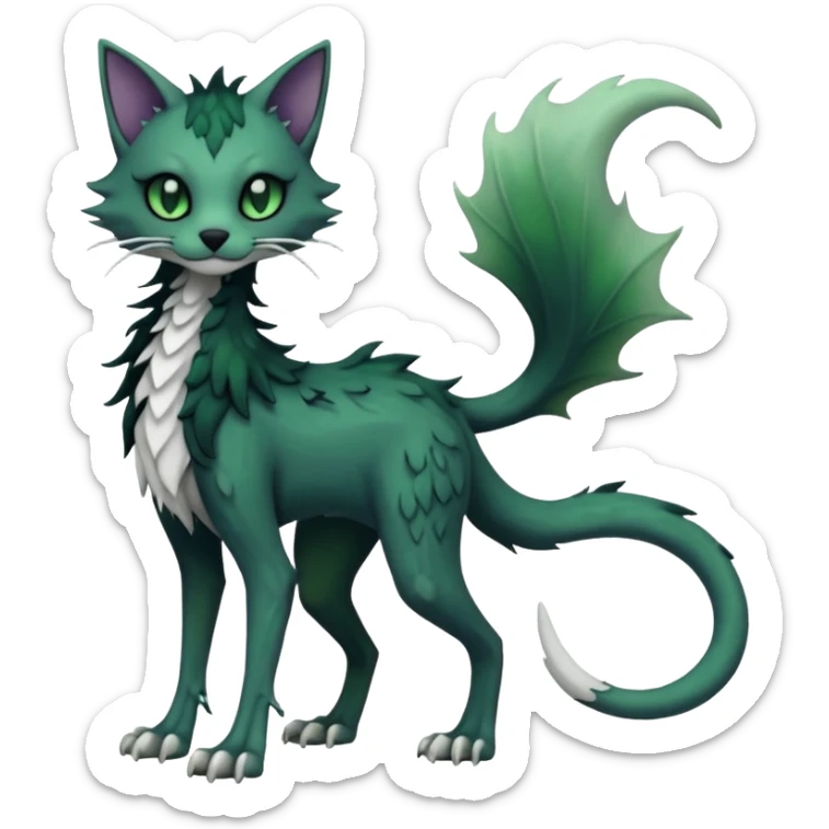 Kawaii spectral spooky dark bleak blackish swampy white-skeletal gloomy ghostly dark greyish dark-deep-greenish foggy eldritch beautiful realistic edgy fantasy ghoul-like stitched feline-vernid-sergal-fursona animal creature with a tufted tail full body with intricate markings  sticker
