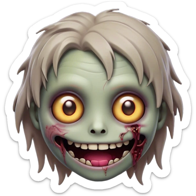 Cinematic Cute Zombie Portrait Emoji, with a delightfully quirky, slightly disheveled face in muted ashen hues, featuring quirky bright eyes and a playful, stitched-together smile, simplified yet irresistibly charming, highly detailed with a soft glowing outline that captures the adorable, offbeat spirit of a zombie who’s more cute than creepy! sticker