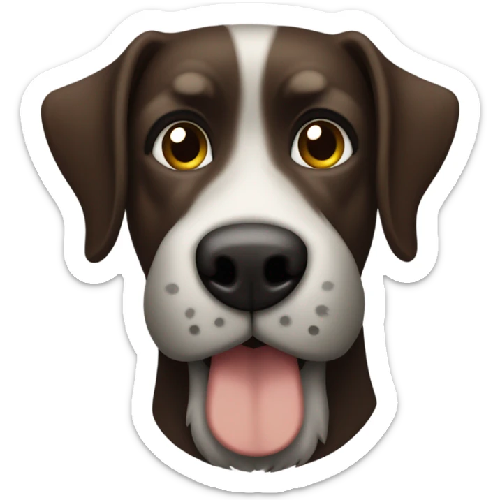 Dark Brown dog with floppy ears, and a green collar and a brown nose and a gray beard sticker