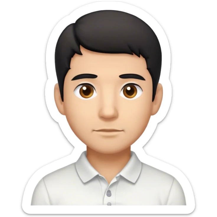 Latino male, black hair with few gray hairs, light brown, wearing a white polo shirt sticker