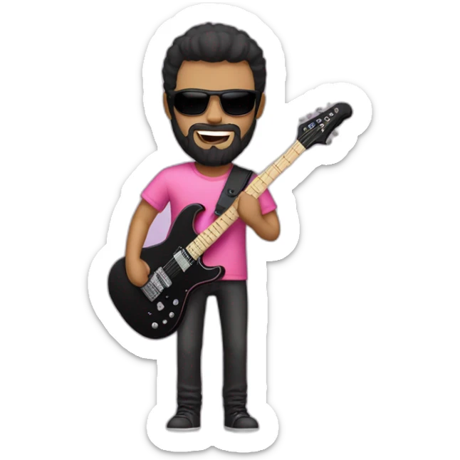 white man with black beard and black t shirt and pink electric guitar sticker