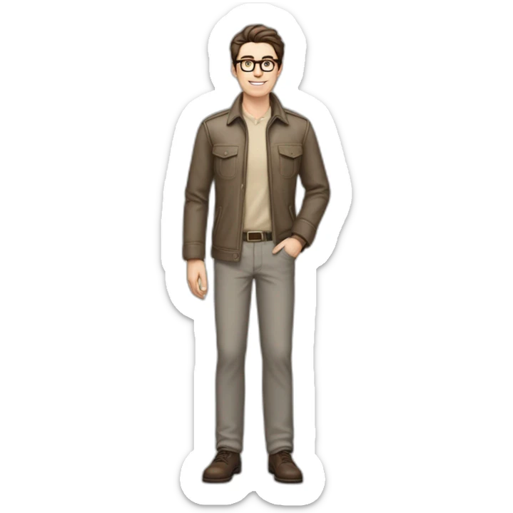 Full height Pale skinned Fit Man With dark brown hair in gray classic jacket, beige office shirt, Brown pants and vintage glasses. Thrumbs of his palms upwards sticker