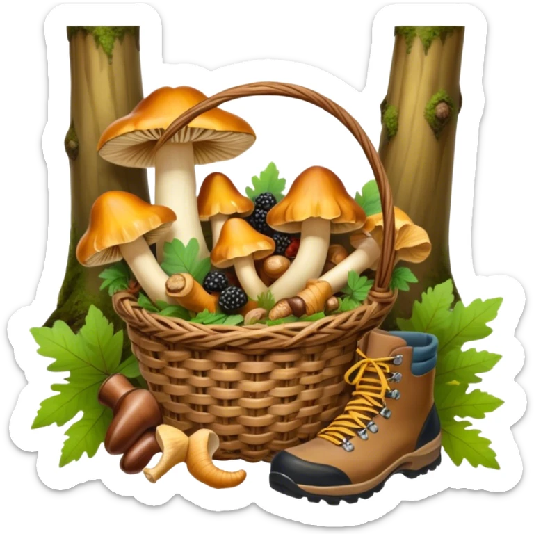 Icon for Mushroom and Berry Tourism: a basket filled with mushrooms chanterelles, boletus and aspen and berries, surrounded by forest elements like trees, leaves and a hiking boots. The icon should capture the joy of foraging in nature. Transparent background. sticker