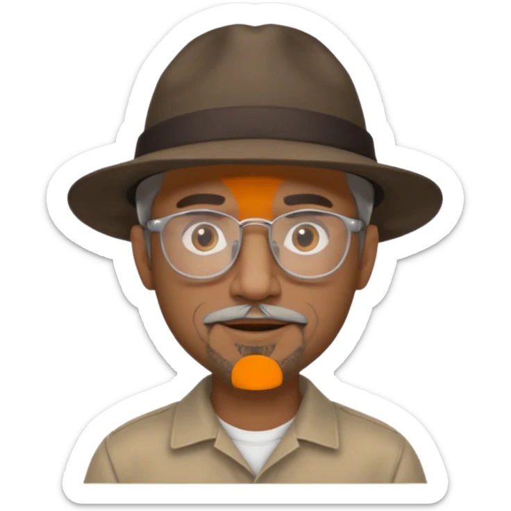 Brown man with wide rimmed hat no hair, but gray goatee, clear glasses and slightly smiling sticker