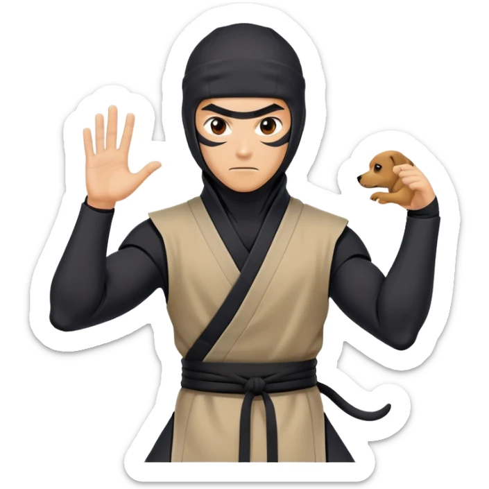 clash-of-clans-aesthetic_-cinematic-mysterious-male-ninja-portrait-emoji, rendered in a flat, vector-style with minimal shading and bold, simplified shapes, his arm is stretched out  with a head slightly turned revealing intense, focused eyes. the ninja is accompanied by a Ninken dog sticker