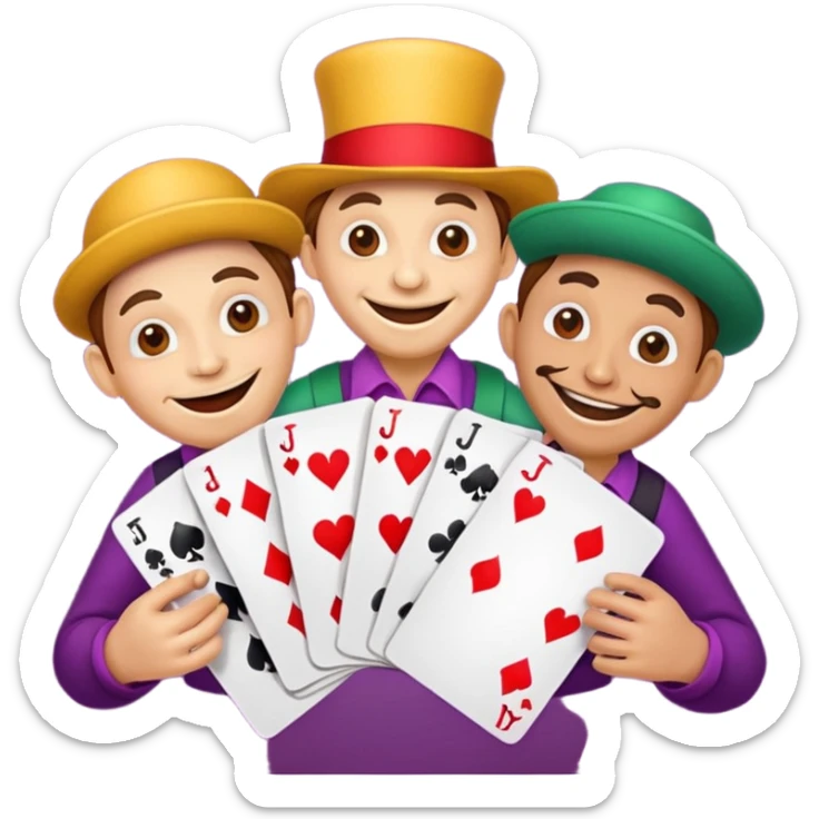 3 poker cards, with crazy colorful human jolly jokers inside, puppeteers sticker