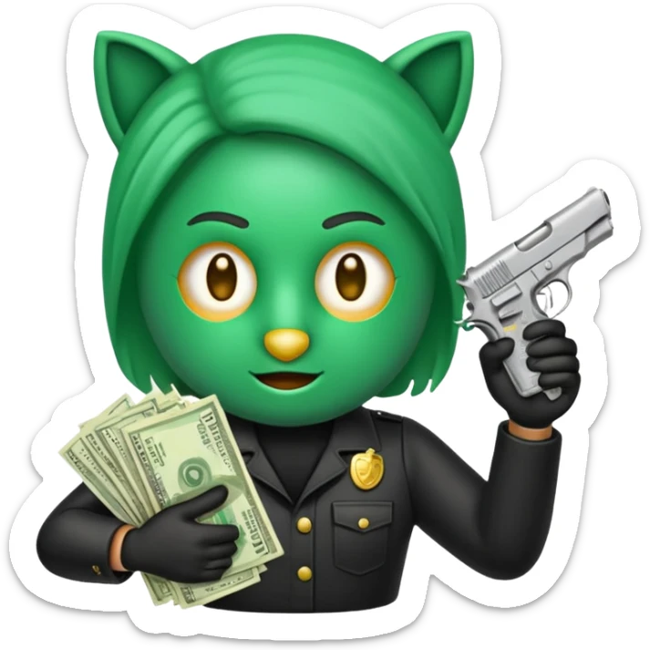 Un emoji con una mascara negra con una pistola pequeña en la mano y que en la otra mano tenga una paca de billetes sticker