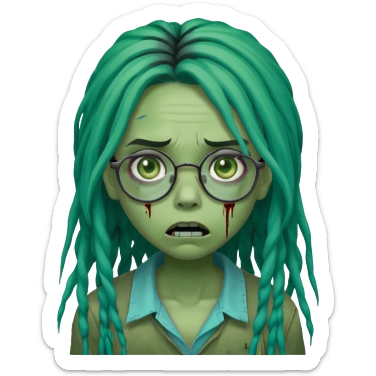 One young female green-skinned, zombie with glasses, with ombre black roots & teal tips long dreadlocks and a worried expression with a small wound near its mouth. sticker