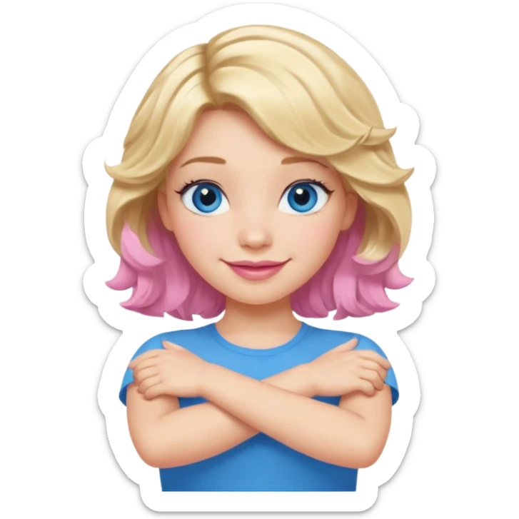Girl Blonde short wavy hair,  blue eyes, cute blue top, long lashes, pink lips, smiling, making cross arms X with arms  sticker