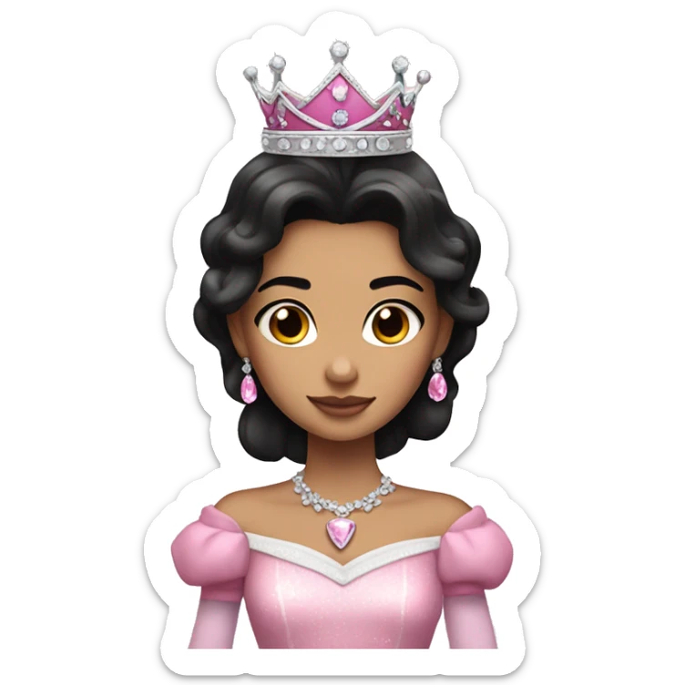 PRINCESS WITH WHITE SKIN, LONG VOLUMOUS BLACK HAIR, WITH PRINCESS CROWN, WITH PINK PRINCESS OUTFIT diamonds sticker