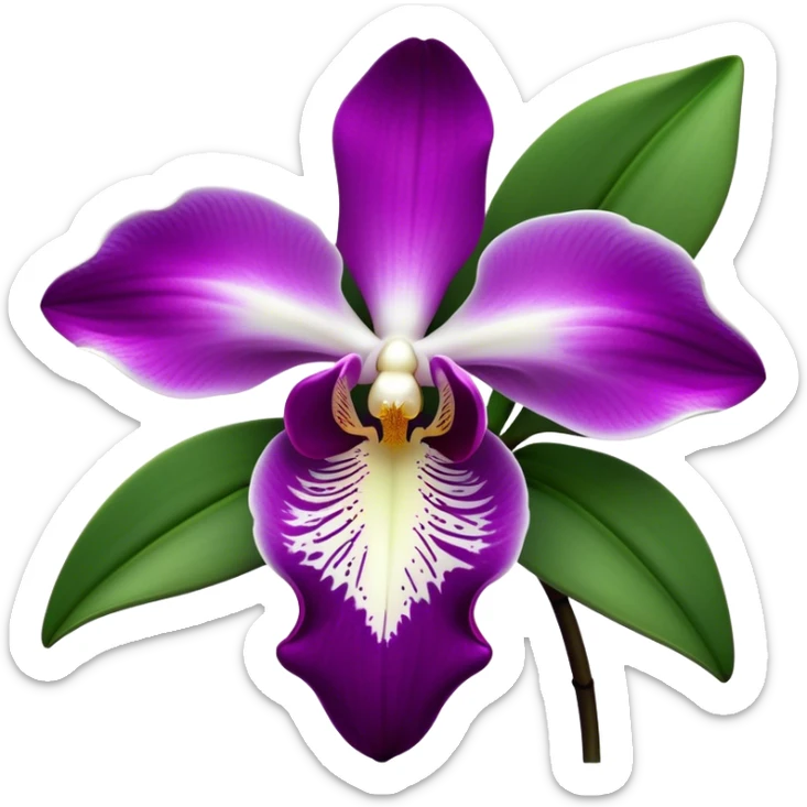 Cinematic Realistic Orchid Emoji, Exotic and elegant, with intricate, velvety petals in deep purple and white, forming a delicate and symmetrical blossom. The slender green stem holds the flower high, while surrounding leaves add lush contrast. Soft glowing outline, capturing the essence of rare beauty and sophistication in a captivating orchid. sticker