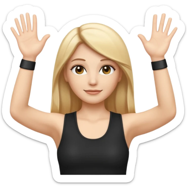 I want a white female dj animated gif emoji with long straight centre parting blonde hair putting hands up in the air. Wearing a black tight top with no sleeve sticker
