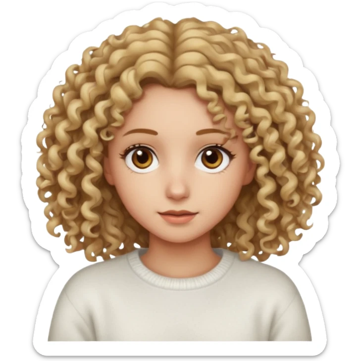 a dirty blonde girl with brown eyes and make her wearing a white sweater with curly hair and white skin color sticker