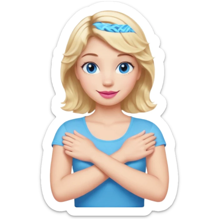 Girl Blonde short wavy hair,  blue eyes, cute blue top, long lashes, pink lips, smiling, making cross arms X with arms  sticker