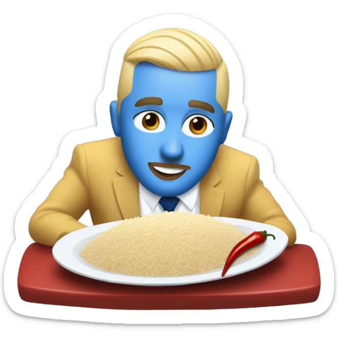 realism mac miller with a blonde comb over skin fade and blue eyes wearing a blue suit eating chilli with rice sticker
