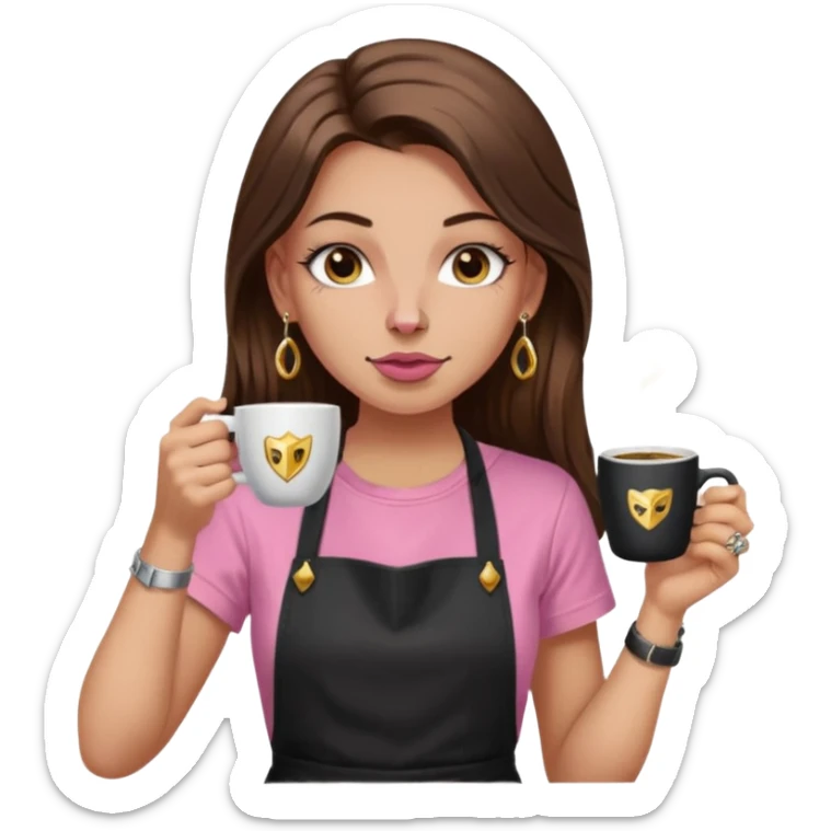 Fille cheveux long châtain, peau beige type européen, teeshirt rose avec un tablier noir, piercing au nez anneau doré, boucle d’oreille diamant doré. Elle boit un café. tatouage à la gorge  sticker