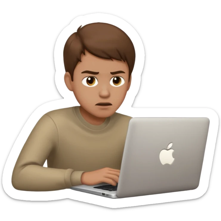 memoji of a man with a laptop in front, apple-style,modern,brown hair light skin ton and a bit frasturated sticker