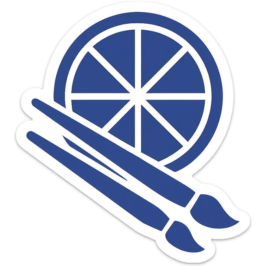 Redesign the citrus and paintbrush icon in a very simple, flat color clip art style. Use blue as the main color with minimal shapes. No text. Transparent background. sticker