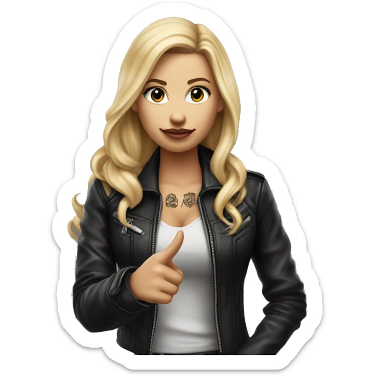 Blonde women with LONG HAIR, in Leather Jacket, Body Covered with Tattoos, POINTING YOU FORWARD with her HAND with INDEX FINGER, Hyper Realistic sticker