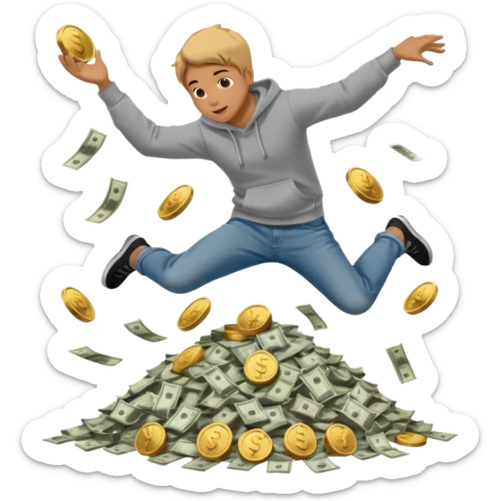 casually dress person in jeans and a hoody jumping into a pile of money sticker