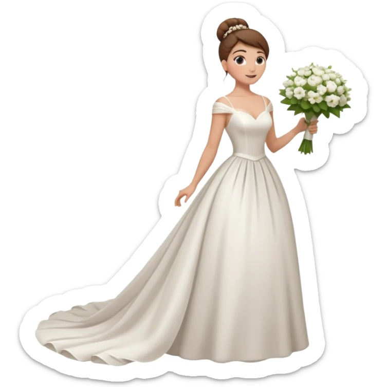 Chica blanca, cabello moreno, recogido en moño alto con mechones, vestido novia , cuerpo entero, ramo de flores en una mano, cola trasera sticker