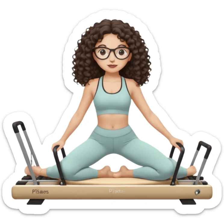 Memoji-style girl with long dark brown curly hair, round glasses, large brown eyes, soft rounded face,makeup, warm beige skin tone, wearing Pilates activewear performing Pilates and reformer Pilates exercises on a reformer machine, pastel color palette, smooth soft shading sticker