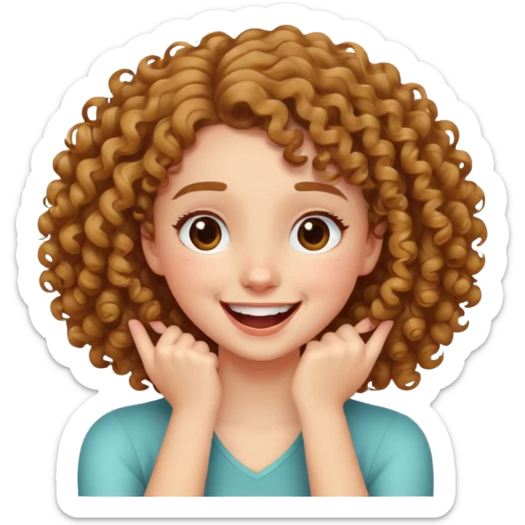 girl with curly hair holding her hands to neck with one arm crossed over the other laughing sticker