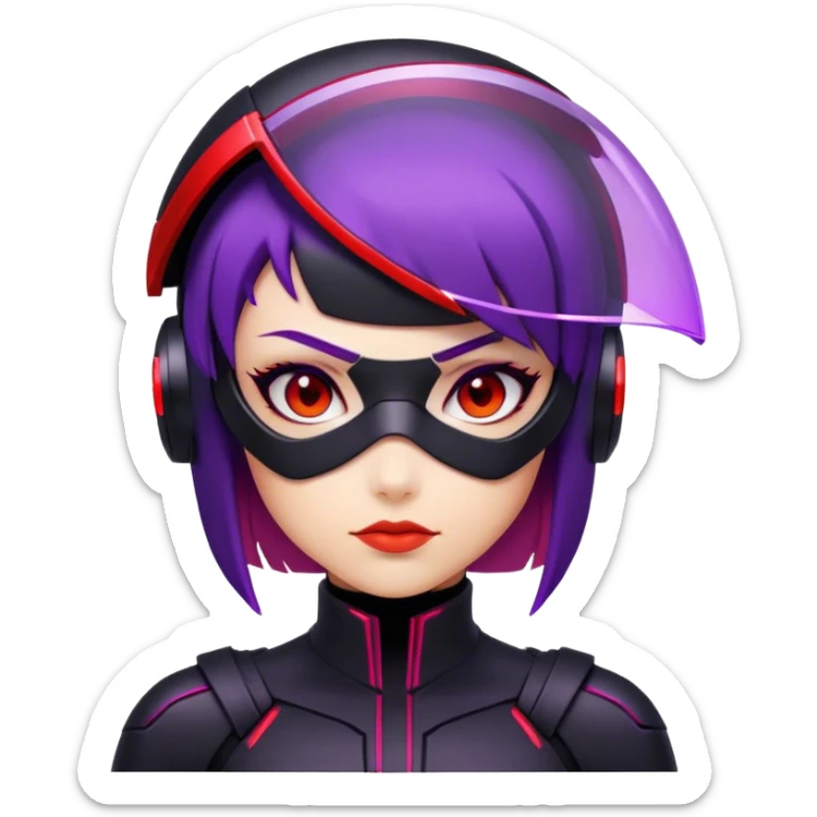 A futuristic assassin with a sleek black suit, short purple hair, and glowing red visor sticker