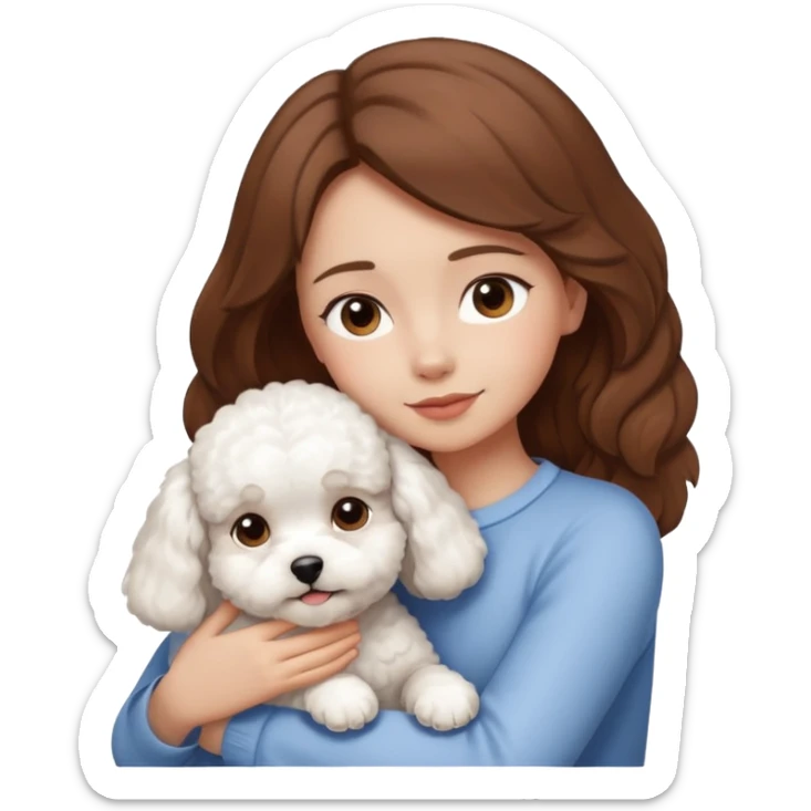 White dog bishon in hug with girl with brown hair  sticker