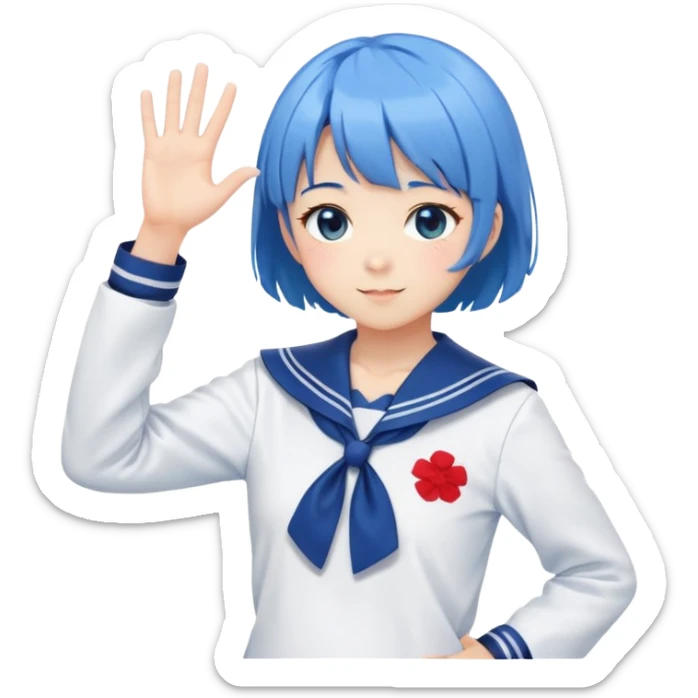 Anime girl with short bright blue hair wearing Japanese sailor style school uniform, composed posture with hand on hip but shyly waving with other hand, blushing face and timid smile sticker