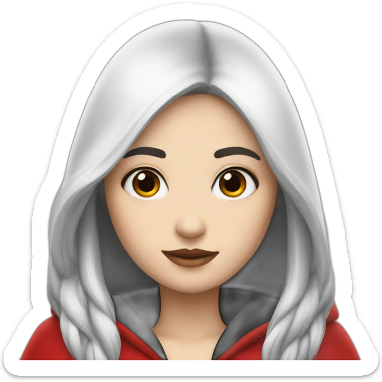 White girl long straight black hair with white streak hair and red ridding hood sticker