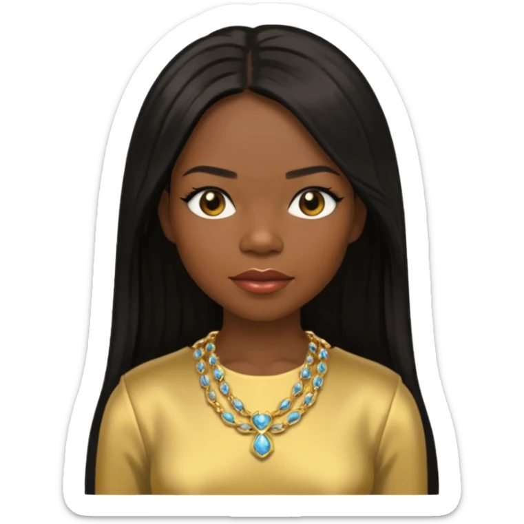 Michelle Williams from Destiny's Child with dark skin ,black long hair, gold outfit sticker