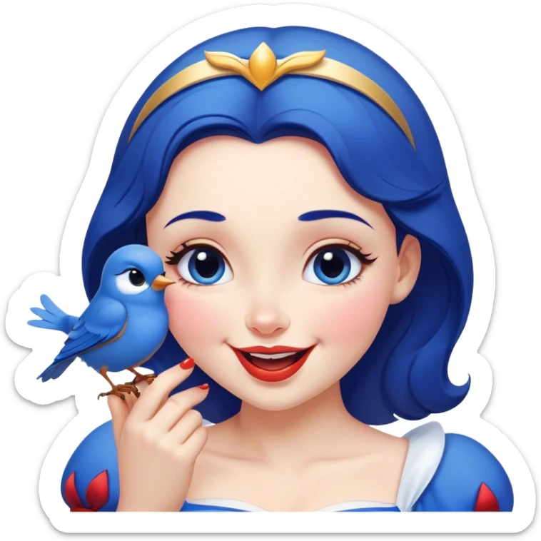 Cinematic Adorable Snow White Portrait Emoji, Giggling as a bluebird perches on her finger, cheeks rosy with joy, bright expressive eyes full of wonder, her innocence and beauty blending into a heartwarming moment! sticker
